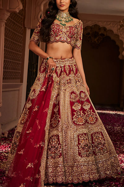 Red thread and zardozi embroidered lehenga set