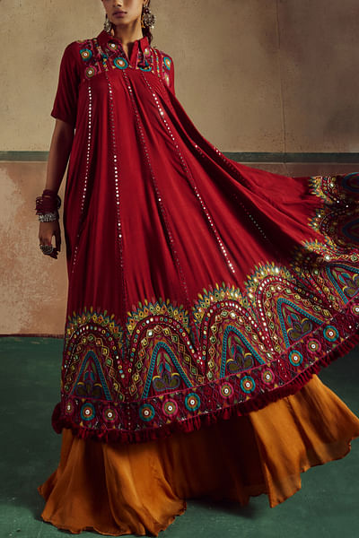 Red thread embroidery anarkali set