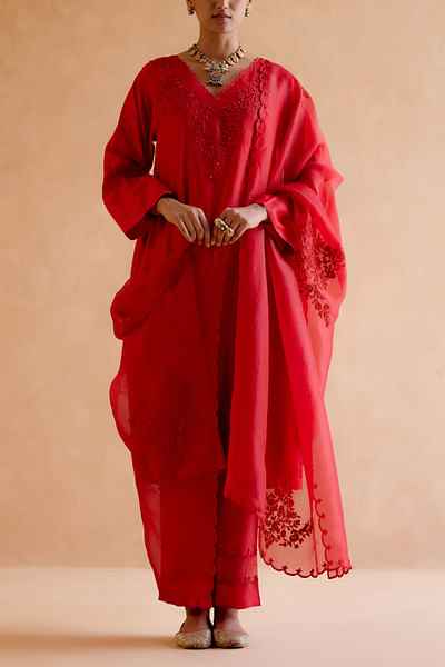 Red tonal embroidery kurta set