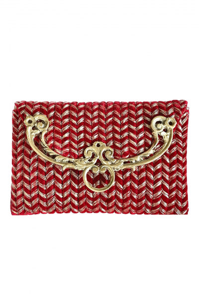 Red velvet cord aari work clutch