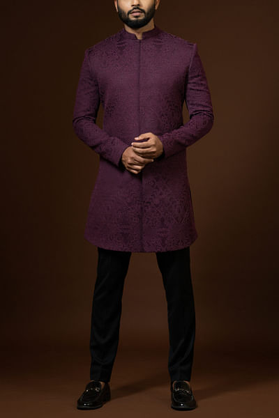 Red wine french knot embroidered achkan set