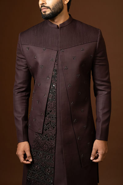 Red wine pintuck detailed achkan set