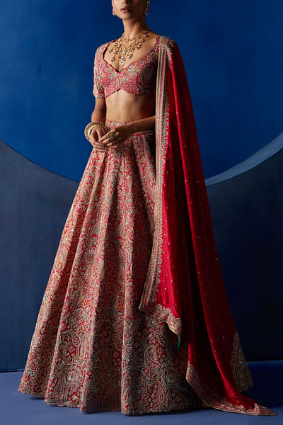Red zardozi and resham embroidery lehenga set