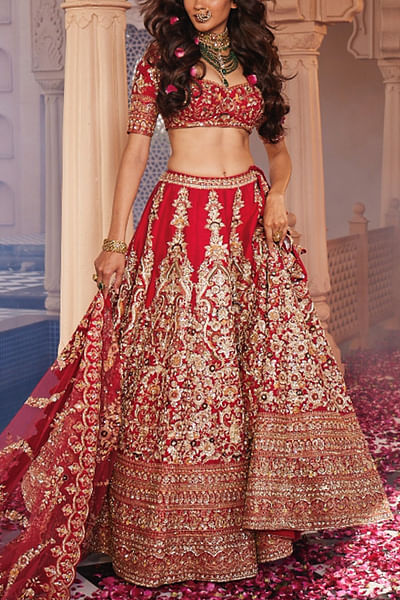 Red zardozi and thread embroidered lehenga set