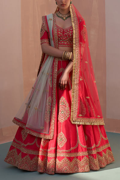 Red zardozi embroidered lehenga set