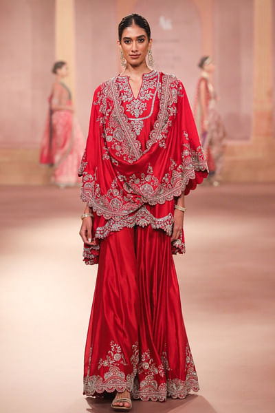Red zardozi embroidered sharara set