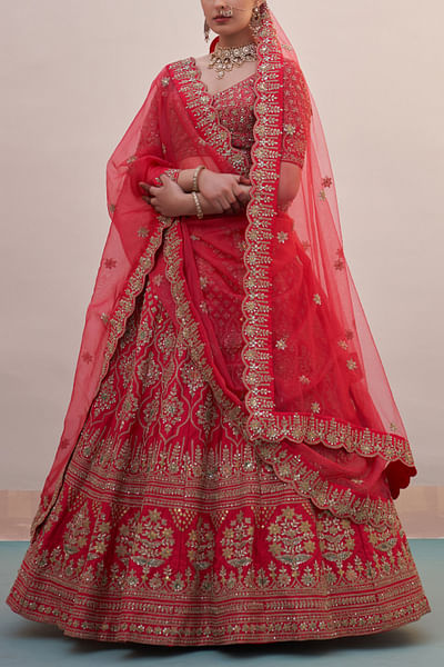 Red zardozi embroidery bridal lehenga set