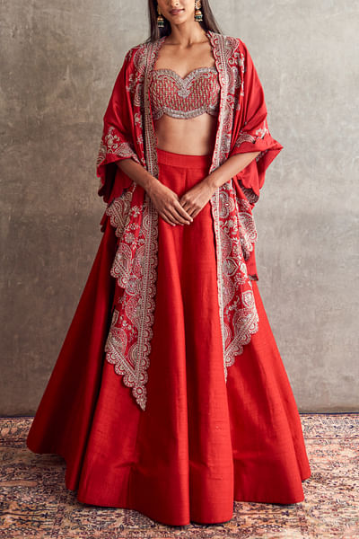 Red zardozi embroidery cape and lehenga set