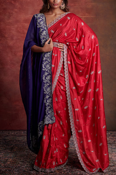 Red zardozi embroidery saree set