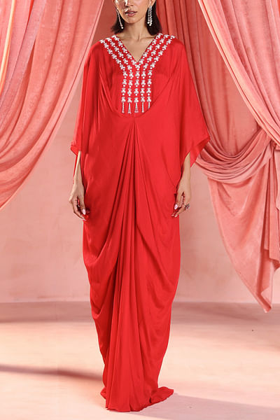 Red zari and sequin embroidery kaftan