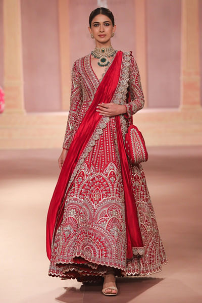 Red zari embroidered anarkali set