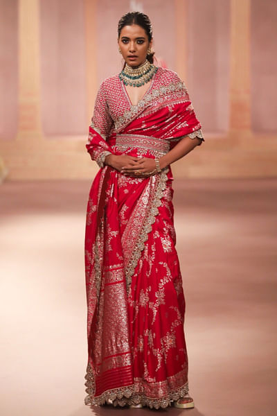 Red zari embroidered sari set