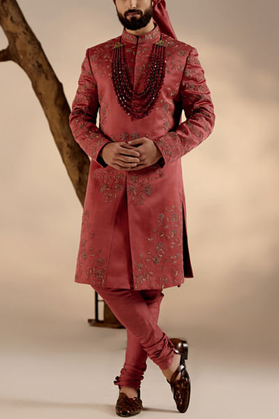 Red zari embroidery sherwani full set