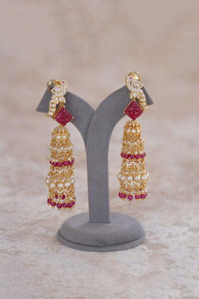 Red zirconia crystal peacock jhumkas