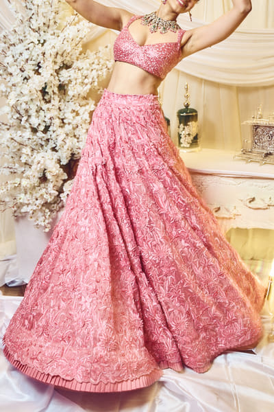 Varun Chakkilam Riuge pink 3D floral embroidered lehenga set VACNOV2318