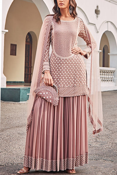 Rose dust floral embroidery sharara set