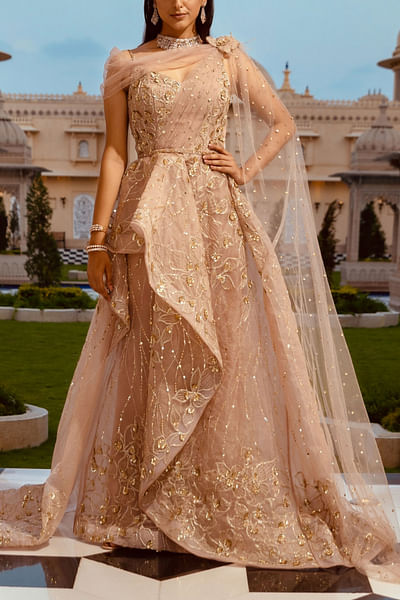 Rose embroidered draped gown