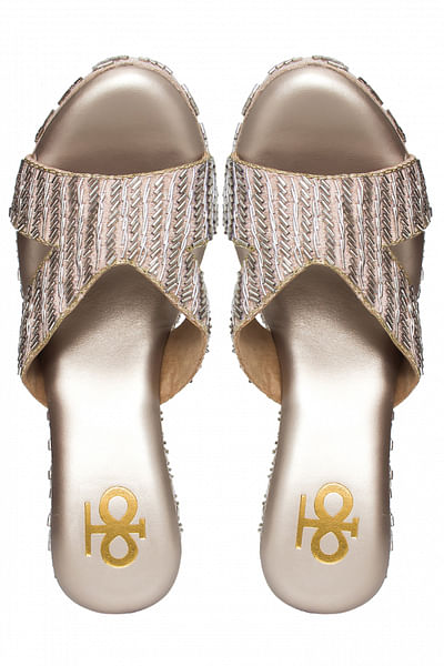 Rose gold bugle bead and zardozi embroidered cross-strap block heels