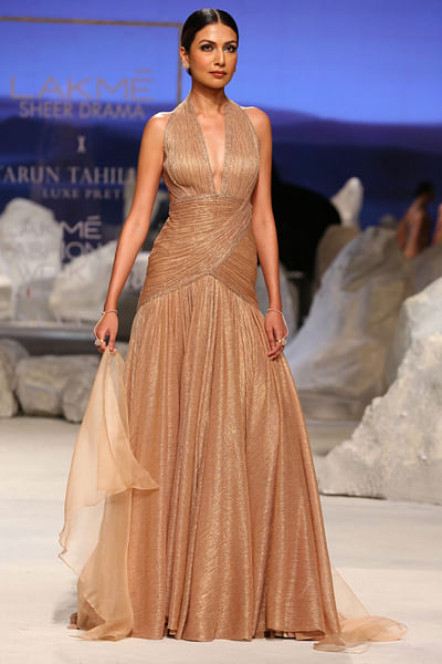 Rose gold draped halter gown