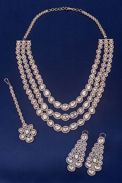 Rose gold kundan long layered necklace set