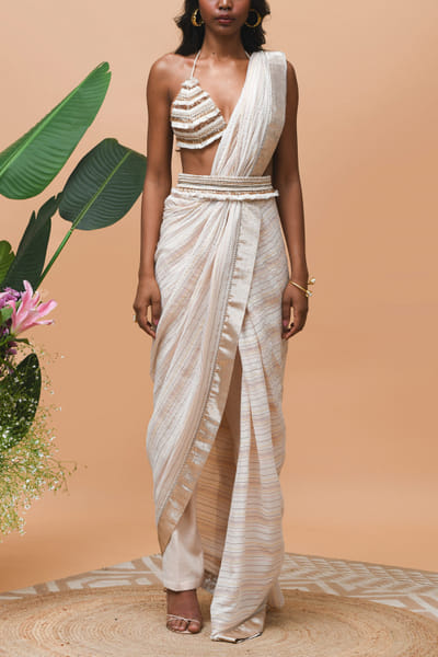 Rose gold pre-draped pleated sari set