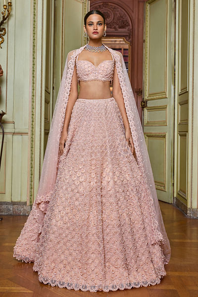 Rose gold scallop pearl and crystal embellished lehenga set