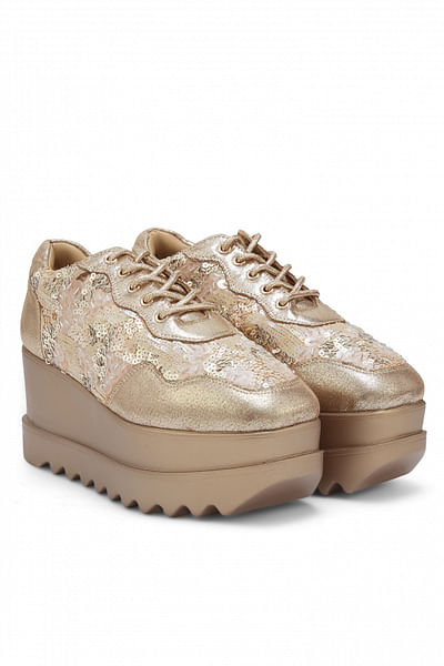 Rose gold sequin embellished wedge sneakers