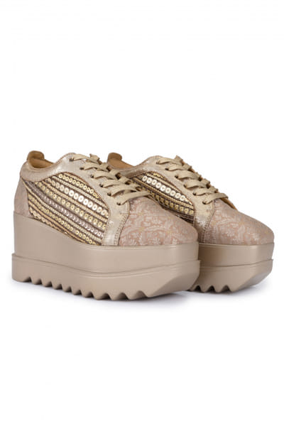 Rose gold sequinned brocade wedge sneakers