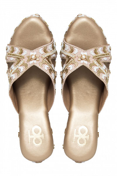 Rose gold zardozi and bugle bead embroidered cross-strap block heels