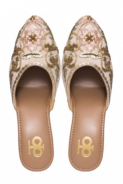 Rose gold zardozi embroidery mule block heels