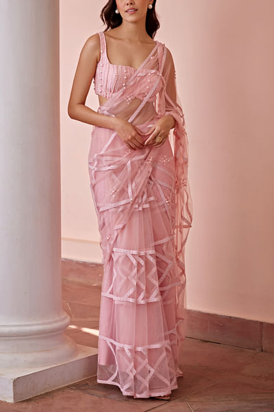 Rose pearl and lace detailed pre-draped sari set
