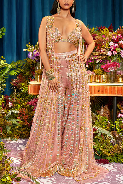 Rose pink and gold 3D embroidery sharara set
