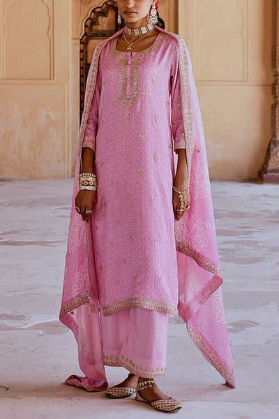 Rose pink dori embroidery bandhani kurta set