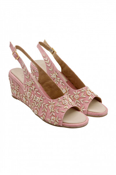 Rose pink embroidered peep toe wedges
