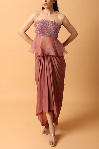 Rose pink embroidered peplum top and skirt