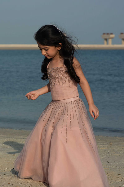Rose pink embroidered tulle lehenga set