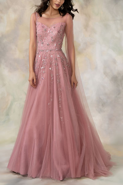Rose pink floral crystal embellished gown