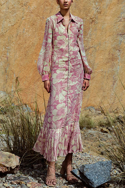 Rose pink floral print long dress