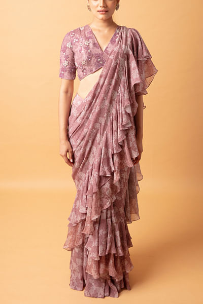 Rose pink floral print pre-stitched saree set