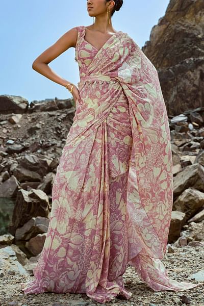 Rose pink floral print sari set