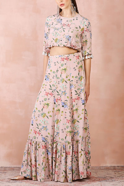 Rose pink floral print skirt set