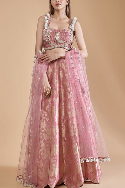 Rose pink floral woven brocade lehenga set
