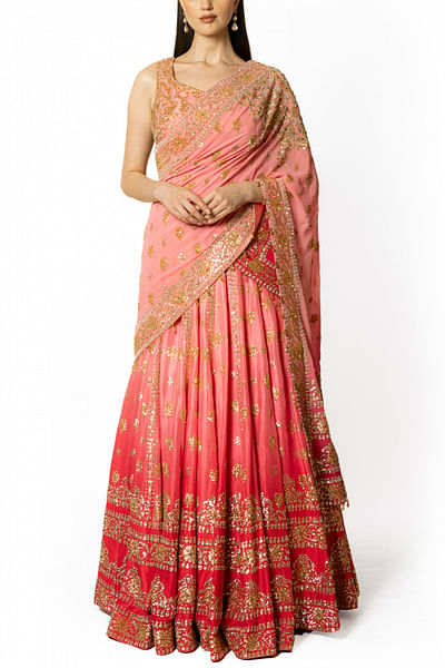 Rose pink ombre floral embroidery lehenga set