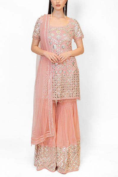 Rose pink sequin and pearl embellished gharara set