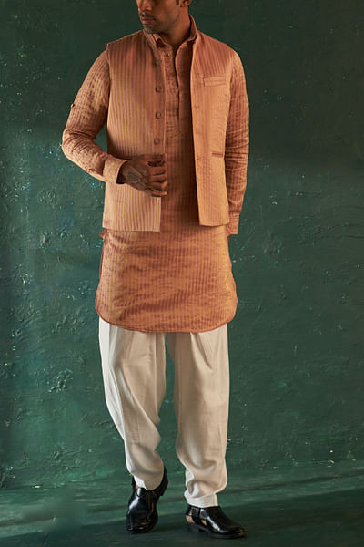 Rose pink stripe Nehru jacket and kurta set