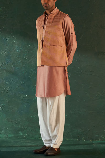 Rose pink striped Nehru jacket and kurta set