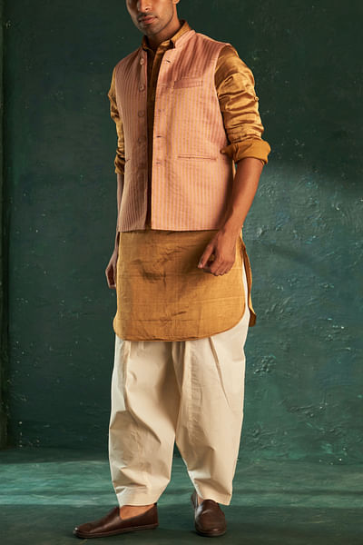 Rose pink striped Nehru jacket kurta set