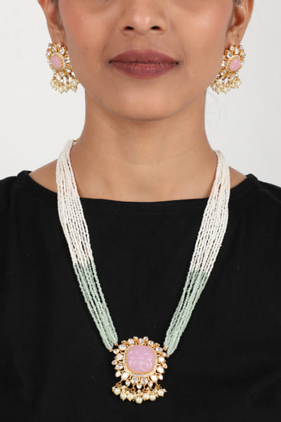 Rose quartz and moissanite polki long necklace set