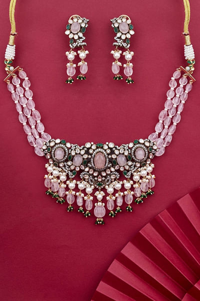 Rose quartz and moissanite polki necklace set