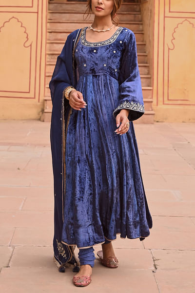 Royal blue embroidered anarkali set